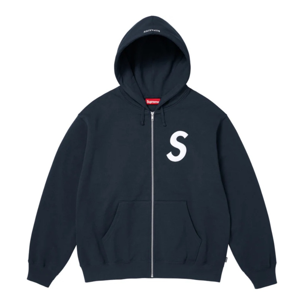 Supreme Navy Zip-Up Hoodie with White Logo. Always Authentic.